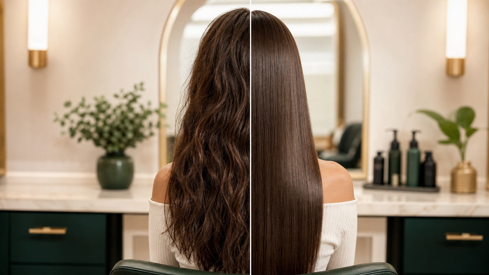 Comparación visual de cabello con frizz y cabello liso y brillante
