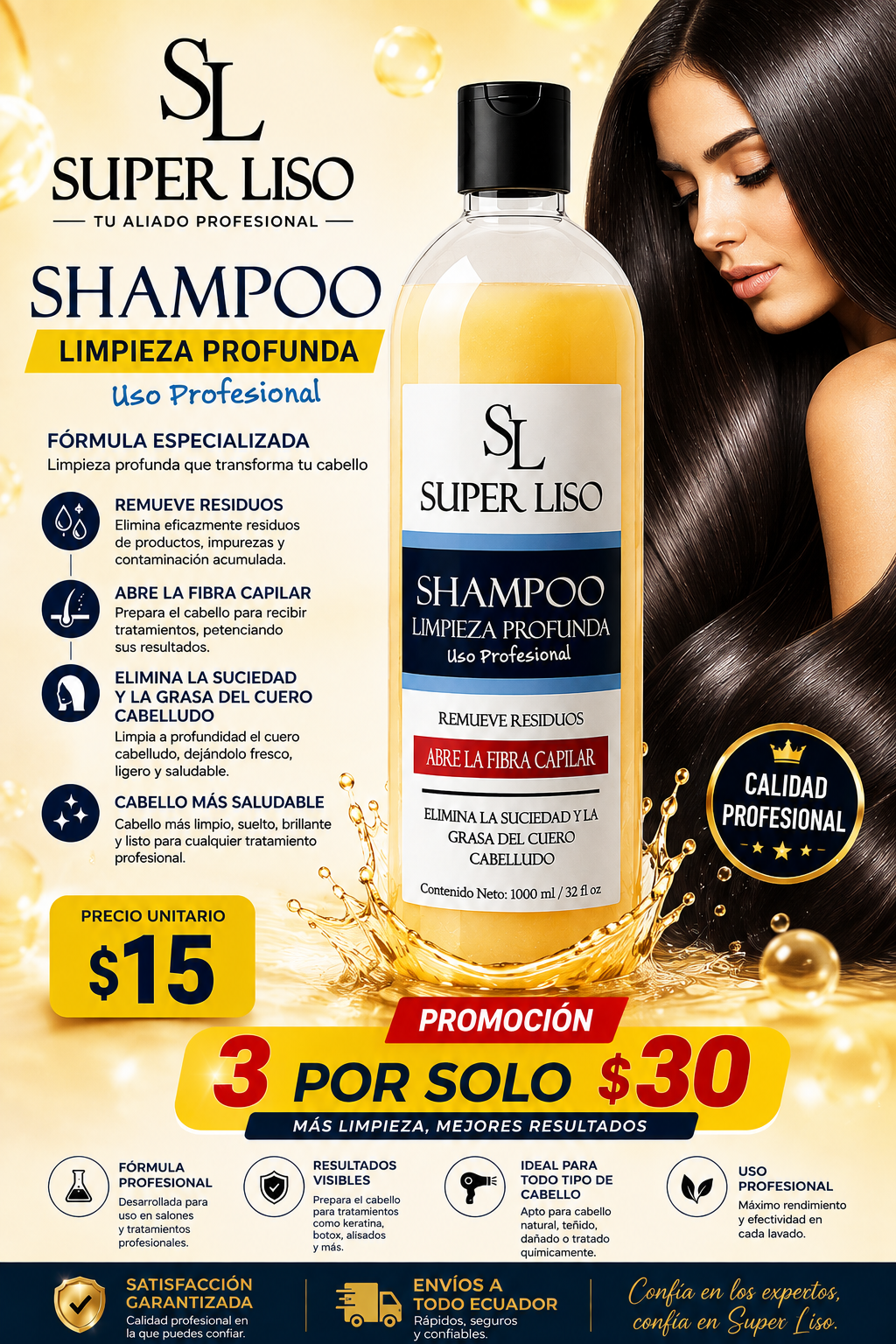 Shampoo de limpieza profunda Superliso con promoción de tres unidades